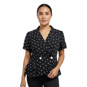 Vintage Lauren Michaels Black White Polka Dot Double Breasted Peplum Blouse Top